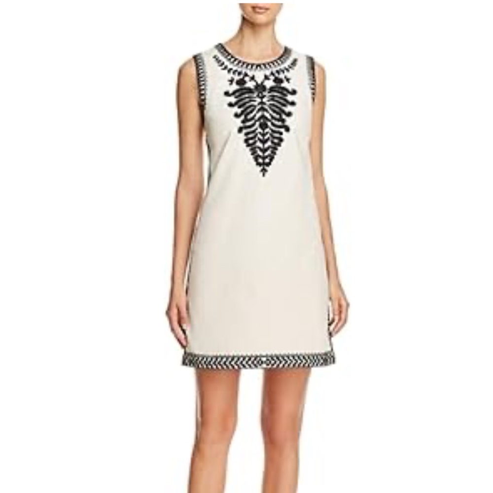 Tory Burch Ivory Sleeveless Shift Dress with Black Embroidered Trim